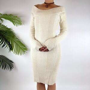 Vintage Y2K Cream Metallic Ribbed Knit Cottagecore Bodycon Midi Dress / Size: S